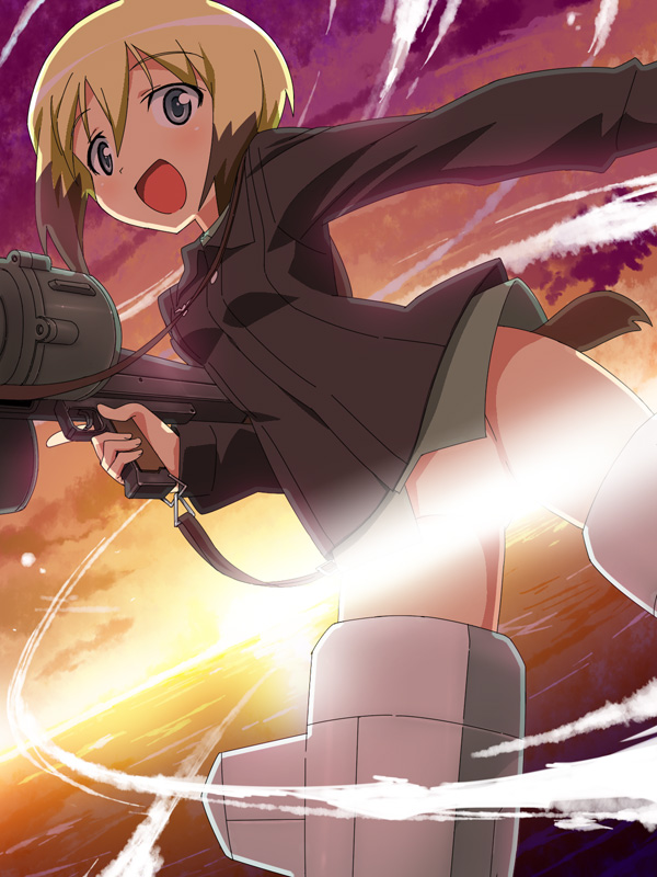 bad_id bad_pixiv_id blonde_hair blue_eyes censored convenient_censoring erica_hartmann gun military military_uniform no_panties open_mouth short_hair solo strike_witches striker_unit tail tonbi uniform weapon world_witches_series