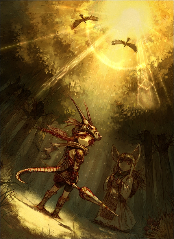 armor birds dragon female forest hero knight lance pov scalie sunlight tahra tree