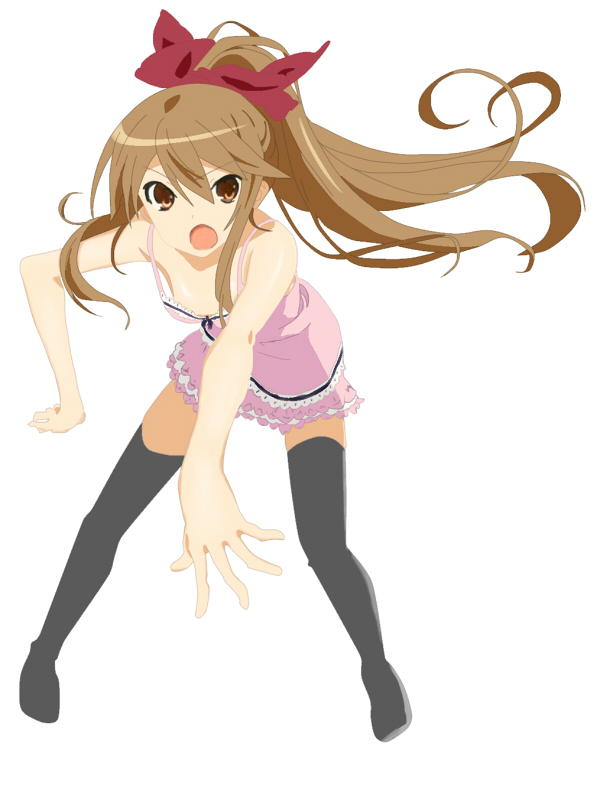 :o alternate_costume alternate_hairstyle brown_eyes brown_hair casual chemise downblouse dress heartbreakone long_hair looking_at_viewer ookami-san ookami_ryouko open_mouth ponytail solo thighhighs zettai_ryouiki