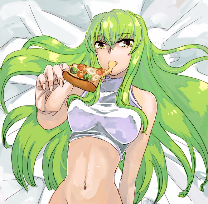 bottomless c.c. code_geass eating food green_hair holding_pizza long_hair pizza slice_of_pizza solo wtuw yellow_eyes