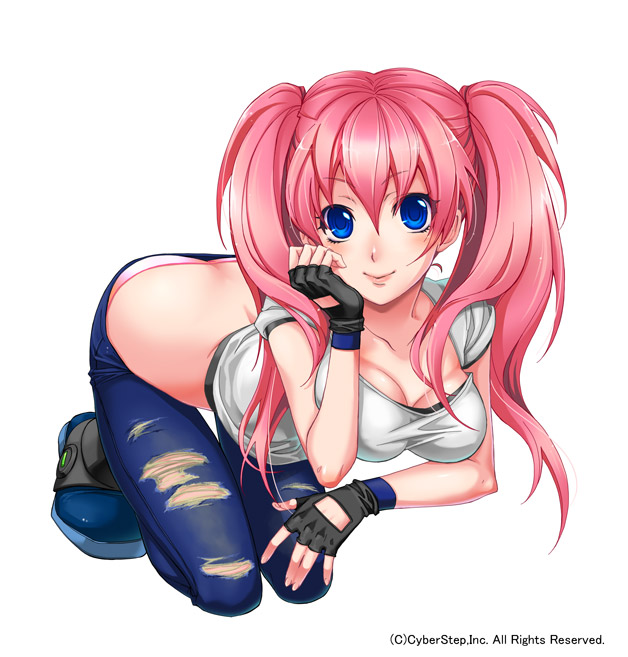 bad_id bad_pixiv_id blue_eyes breasts cleavage denim fingerless_gloves full_body get_amped_2 gloves jeans medium_breasts official_art panties pants pink_hair shidatsu_takayuki shoes simple_background smile solo squatting tiffany_sparks twintails underwear