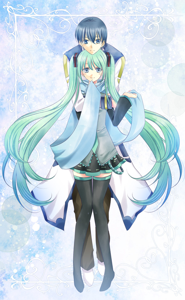 1girl aqua_eyes aqua_hair awami_kisa bad_id bad_pixiv_id blue_eyes blue_hair blue_scarf couple detached_sleeves hatsune_miku hetero kaito long_hair scarf skirt smile thighhighs twintails very_long_hair vocaloid