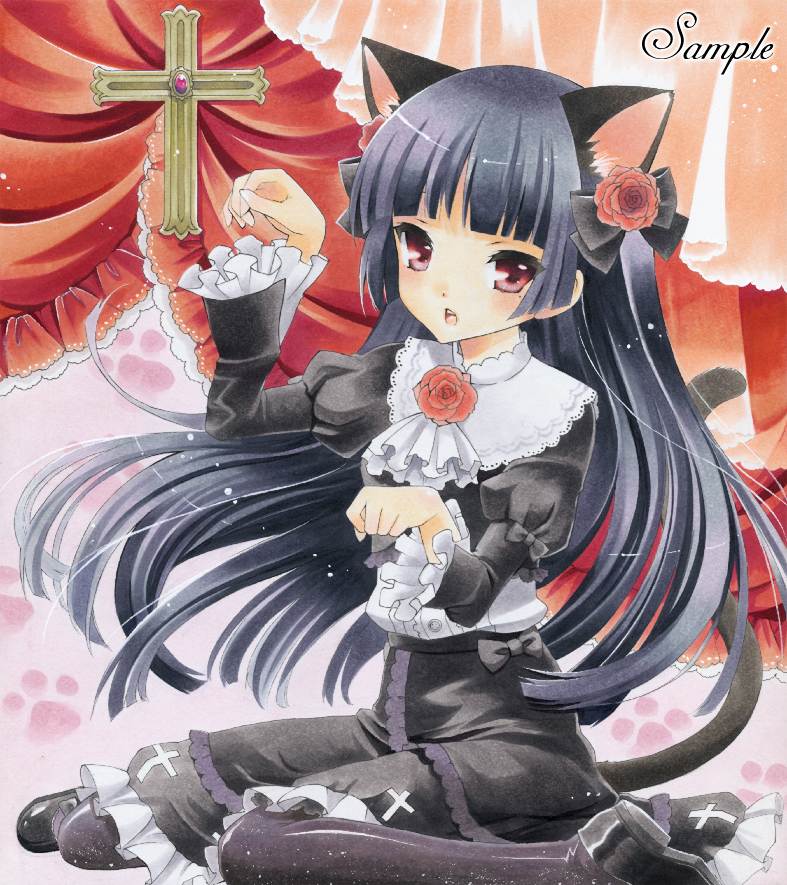 animal_ears ayuayu bad_id bad_pixiv_id black_hair cat_ears cross dress gokou_ruri gothic_lolita lolita_fashion long_hair mole mole_under_eye ore_no_imouto_ga_konna_ni_kawaii_wake_ga_nai pantyhose paw_pose red_eyes sample solo tail traditional_media