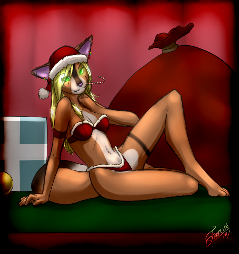 blonde_hair bra candy_cane christmas clothed clothing female feralise green_eyes hair holidays looking_at_viewer navel panties piercing skimpy solo underwear xmas
