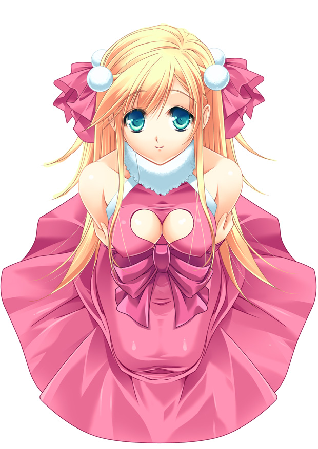 aqua_eyes blonde_hair bow breasts cleavage cleavage_cutout crossed_arms dress from_above hair_ornament hairpin heart heart_cutout idea_(soma_bringer) kanikame kneeling large_breasts long_hair looking_up pink_bow red_dress ribbon sidelocks simple_background smile solo soma_bringer