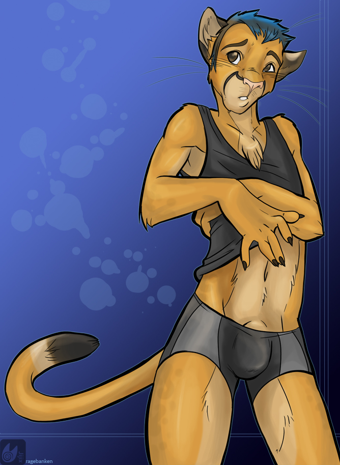 bulge cougar feline jijix lion male mountain_lion petite shorts shy solo thin undressing