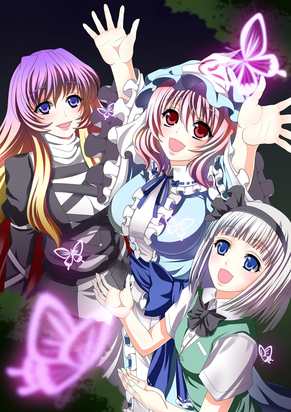 bad_id bad_pixiv_id blue_eyes bug butterfly gradient_hair hairband hat hijiri_byakuren insect konpaku_youmu multicolored_hair multiple_girls pink_hair purple_eyes red_eyes saigyouji_yuyuko sen_hisame short_hair silver_hair touhou