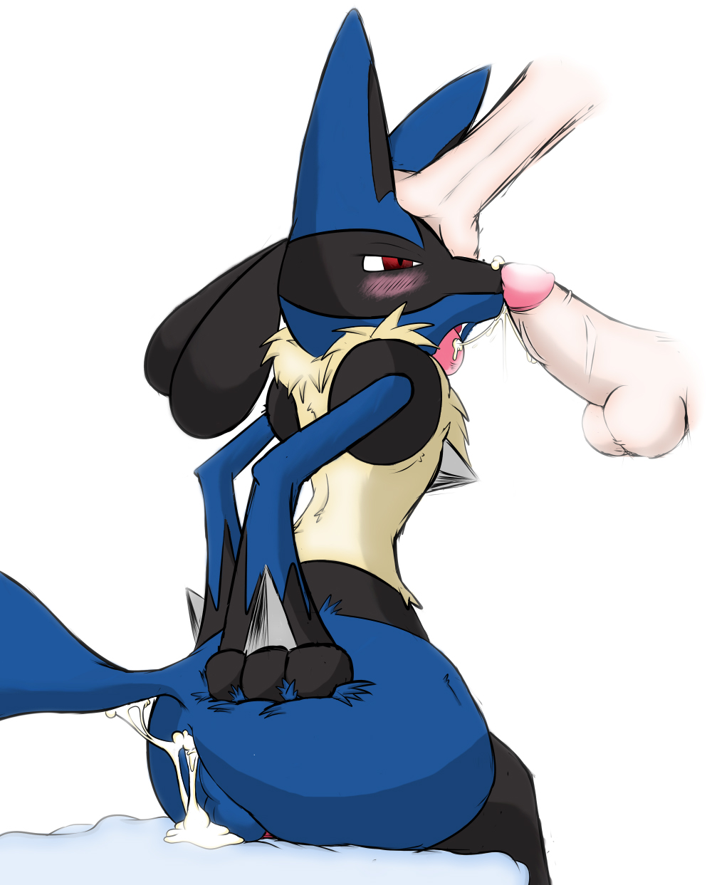 after_sex balls big_butt blue_fur blush butt canine chest_tuft cum cum_inside cum_on_balls cum_on_tail duo fur gay human icycario interspecies lucario male mammal nintendo open_mouth penis plain_background pointy_ears pok&#233;mon pok&#233;philia red_eyes spikes tongue tuft video_games white_background wide_hips