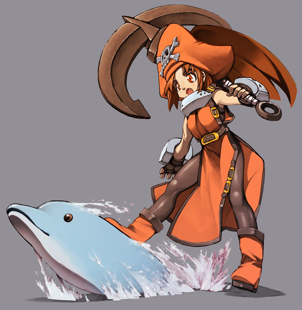 anchor brown_eyes brown_hair dolphin fang fingerless_gloves gloves guilty_gear hat may_(guilty_gear) orange_hat orange_shirt pantyhose pirate pirate_hat shirt skull_and_crossbones solo ysk!