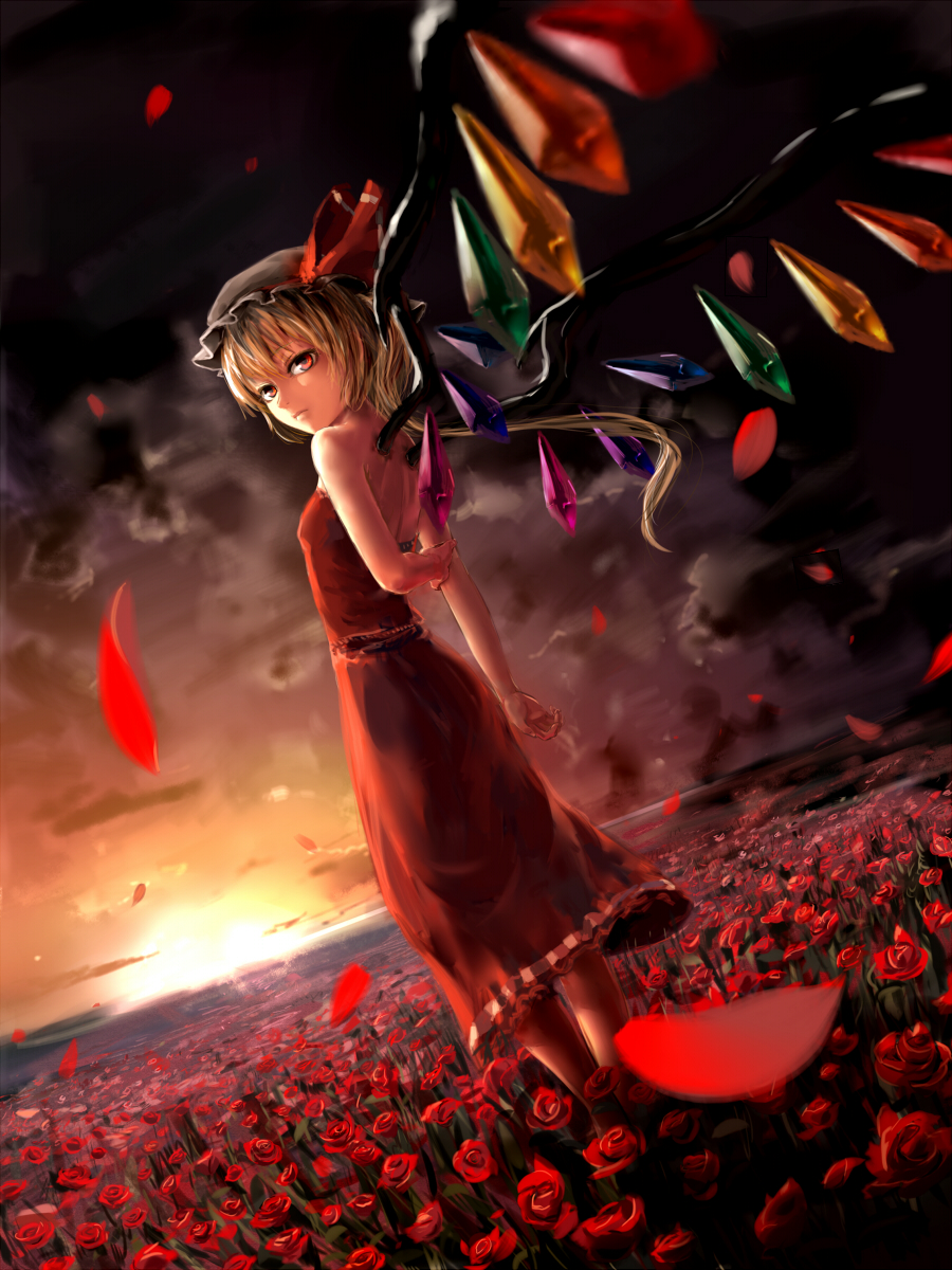 alternate_costume arm_hug arms_behind_back bare_shoulders blonde_hair blurry dark_clouds depth_of_field dress dutch_angle field flandre_scarlet flower flower_field foreshortening hat hat_ribbon highres looking_back nozet petals red_dress red_eyes red_flower red_rose ribbon rose rose_petals side_ponytail solo sunset touhou wings