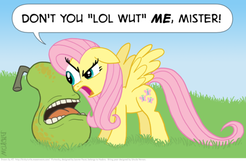 dialog equine female feral fluttershy_(mlp) friendship_is_magic fruit horse lol_wut mammal my_little_pony pear pegasus pony reaction_image stare text the_stare timothy_fay unknown_artist wings