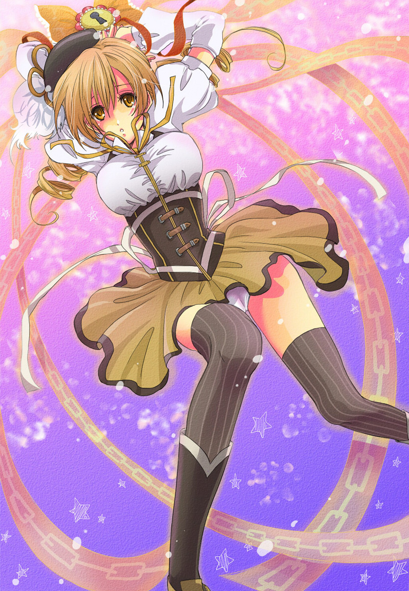 beret blonde_hair boots breasts drill_hair fingerless_gloves gloves hair_ornament hat large_breasts long_hair magical_girl mahou_shoujo_madoka_magica pleated_skirt puffy_sleeves skirt solo thighhighs tomoe_mami tsukasa_(mooncry) twintails yellow_eyes