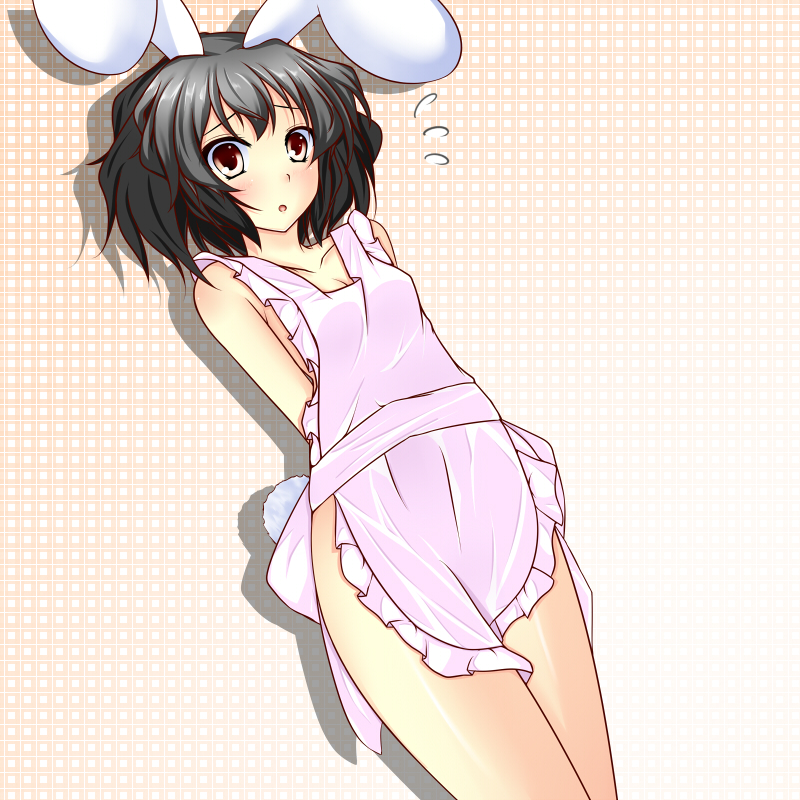 animal_ears apron arms_behind_back bad_id bad_pixiv_id bare_shoulders black_hair blush breasts brown_eyes bunny_ears bunny_tail cleavage grey_hair inaba_tewi mizuki_yae naked_apron red_eyes short_hair simple_background small_breasts solo standing tail touhou