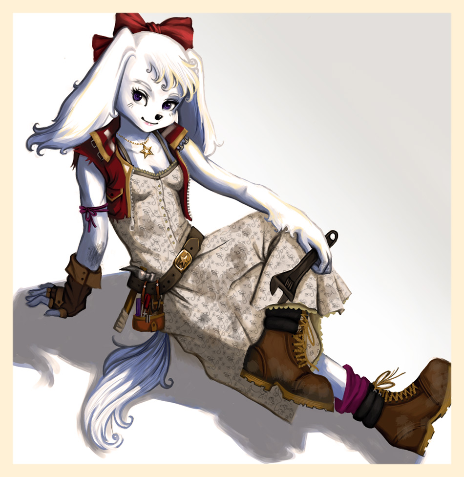 animal_ears boots bow breasts claw_hammer crossed_legs dirty_clothes dog_ears dress eyelashes fay_spaniel fingerless_gloves full_body furry gloves hair_bow hammer jewelry loose_socks mechanic necklace ninanai purple_eyes red_bow single_glove sitting small_breasts smile snout socks solo star star_fox star_necklace tool_belt tools vest white_hair wrench