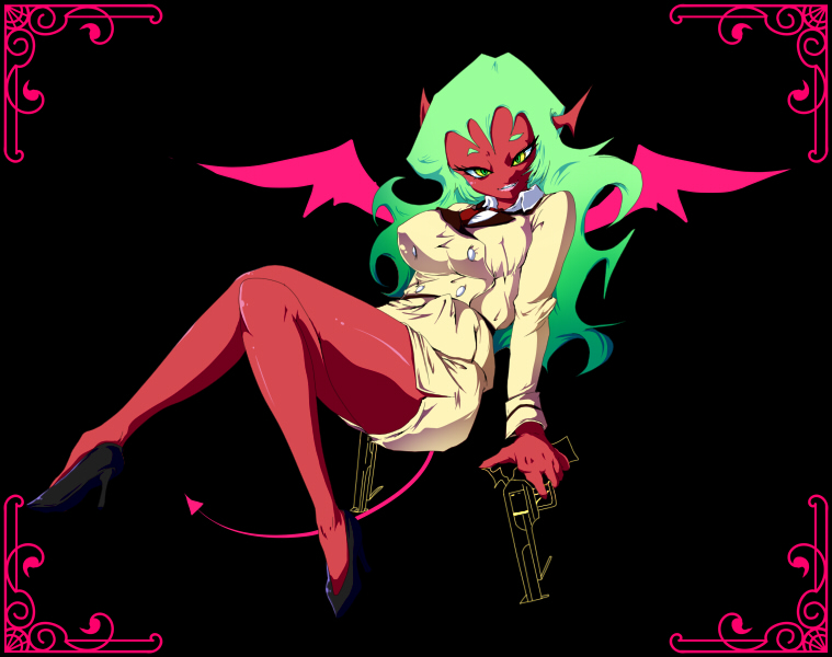 double_gold_lacytanga gun horns nabeshiki_(ingenmame) panty_&amp;_stocking_with_garterbelt scanty scanty_(psg) smile tail weapon wink