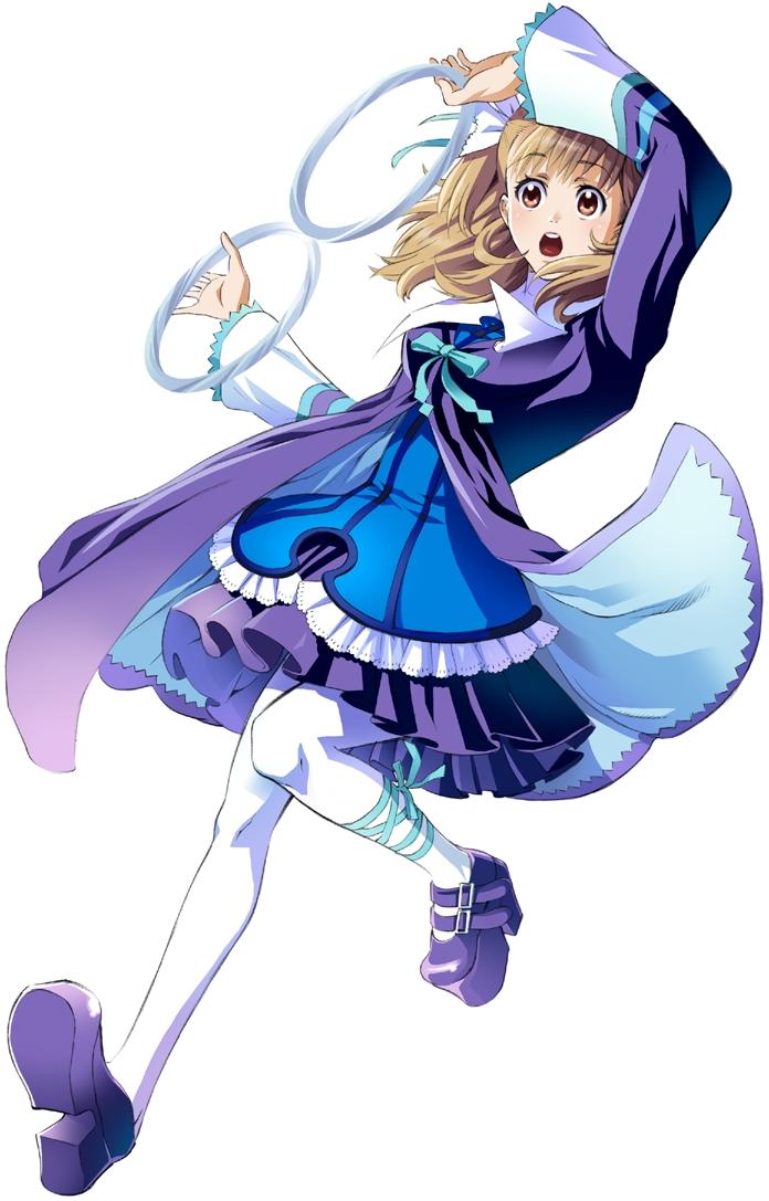 bow brown_eyes brown_hair chakram dress full_body hair_ornament hairpin high_heels jpeg_artifacts long_sleeves official_art ooba_wakako open_mouth pantyhose purple_dress ribbon shoes short_hair simple_background solo surprised weapon white_background white_legwear wild_arms wild_arms_4 yulie_ahtreide