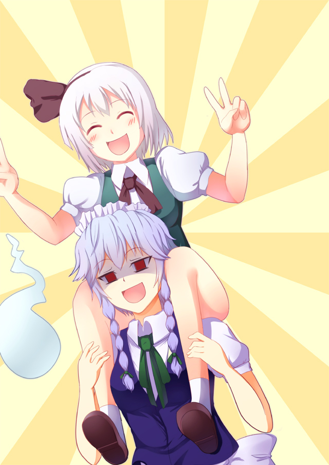 blush braid carrying closed_eyes comic dress ghost greave_(asterism) green_dress hair_ribbon izayoi_sakuya konpaku_youmu maid maid_headdress multiple_girls red_eyes ribbon shoulder_carry silver_hair smile touhou troll_face twin_braids victory_pose