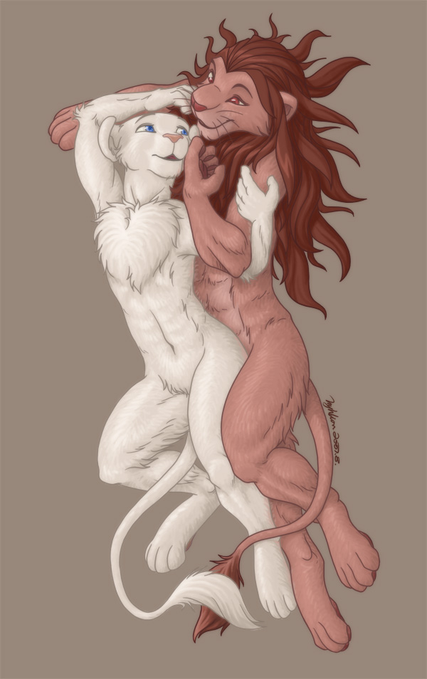abs chest_tuft couple feline female flat_chest holding hyhlion lion love male nude overhead semi-anthro straight together white_lion