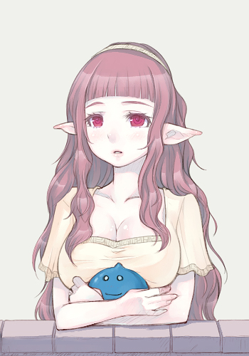 breasts cleavage dragon_quest dragon_quest_iv elf hairband long_hair lowres mahito medium_breasts pointy_ears red_eyes rosalie_(dq4) slime_(dragon_quest) solo