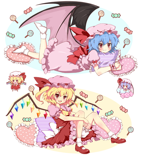 aruto23 bad_id bad_pixiv_id bat_wings blonde_hair bobby_socks candy chibi dress flandre_scarlet food frilled_dress frills hat hat_ribbon heart heart_pillow lollipop lying mary_janes multiple_girls on_stomach pillow purple_hair remilia_scarlet ribbon shoes short_hair siblings sisters sitting socks touhou wings