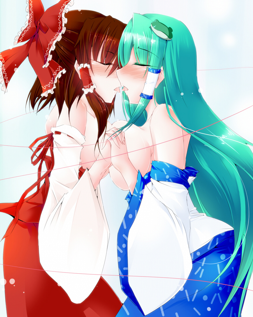 blush bow breast_press breasts brown_hair closed_eyes detached_sleeves french_kiss frog_hair_ornament green_hair hair_bow hair_ornament hair_tubes hakurei_reimu holding_hands kiss kochiya_sanae large_breasts long_hair multiple_girls red_string saliva saliva_trail sesield short_hair string symmetrical_docking tongue topless touhou very_long_hair yuri