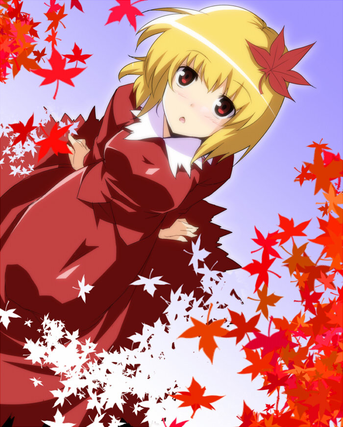 :o aki_shizuha arm_support blonde_hair blush from_above hair_ornament jpeg_artifacts kasu_kazu leaf leaf_hair_ornament looking_up open_mouth red_eyes short_hair sitting solo staring touhou