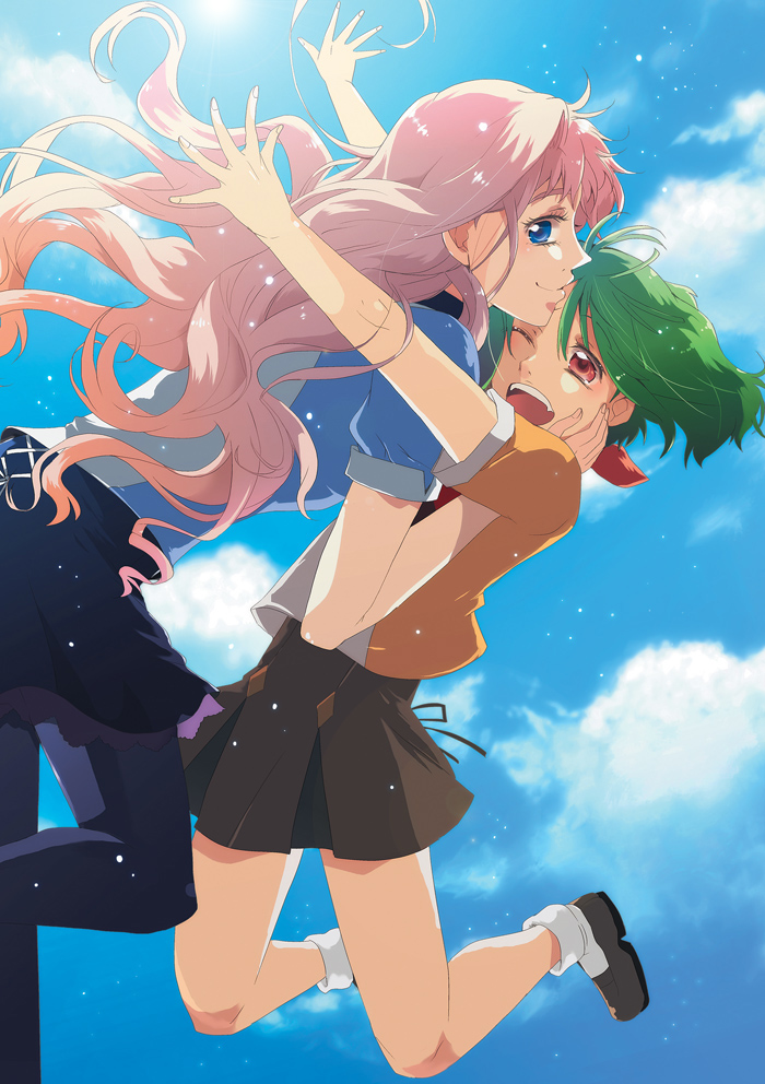 blue_eyes cloud day gen_(enji) green_hair hand_on_another's_face jumping long_hair macross macross_frontier multiple_girls one_eye_closed open_mouth outstretched_arms pantyhose pink_hair ranka_lee red_eyes school_uniform sheryl_nome short_hair skirt sky smile