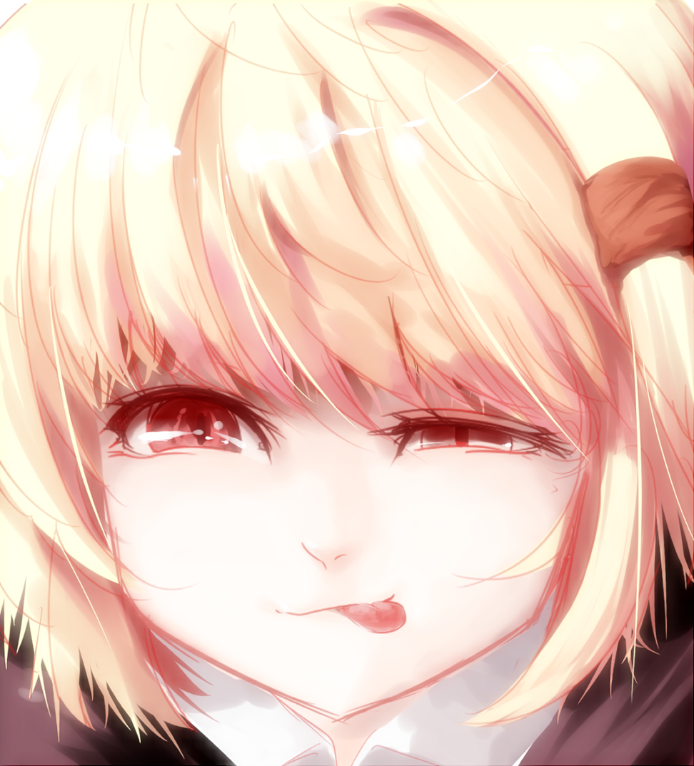 :p :q bad_id bad_pixiv_id blonde_hair close-up face rumia shamo_(koumakantv) slit_pupils solo squinting tongue tongue_out touhou uneven_eyes