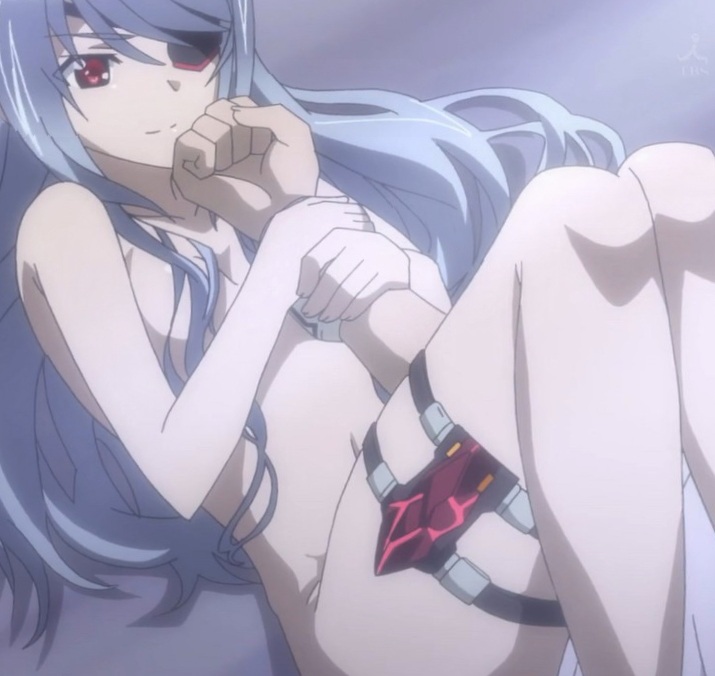 bed cap eye_patch eyepatch grey_hair infinite_stratos laura_bodewig naked nude screencap stitch stitched