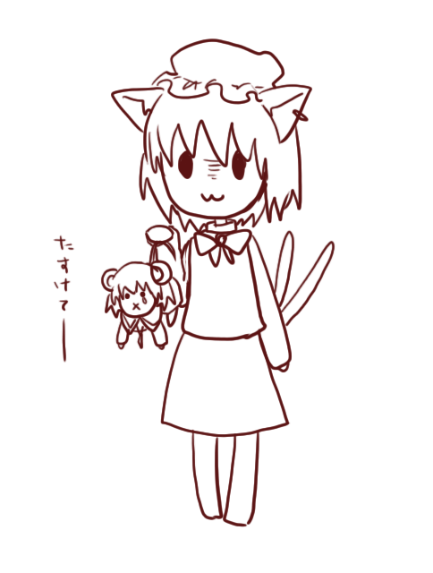 :3 :x animal_ears bad_id bad_pixiv_id cat_ears cat_tail chen chibi dress earrings hat holding_another's_tail jewelry kuromame_(8gou) lineart monochrome mouse_ears mouse_tail multiple_girls multiple_tails nazrin nazrin_(mouse) nekomata tail tail_grab tears touhou translated