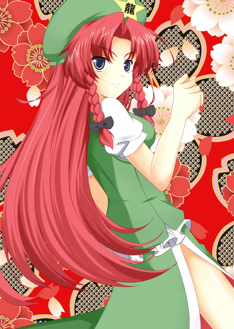 bad_id bad_pixiv_id blue_eyes bow braid floral_background hair_bow hong_meiling long_hair rin_(ateria) solo star touhou twin_braids