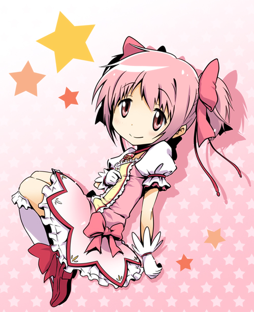 bow c_(neta) dress gloves hair_bow kaname_madoka magical_girl mahou_shoujo_madoka_magica pink_bow pink_eyes pink_hair shoes short_hair short_twintails solo star twintails