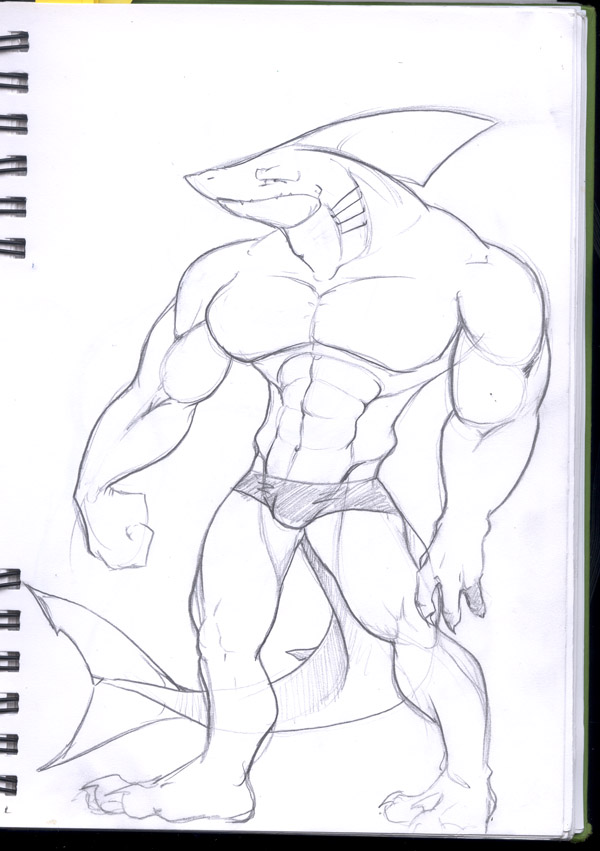 bulge claws dorsal_fin fangs fins gills lizardbeth looking_at_viewer male marine muscles scalie shark sketch skimpy solo speedo standing swimsuit tail underwear