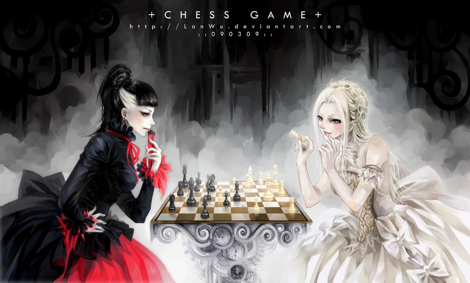 black_dress board_game chess clock copyright_request dress lan_wu multiple_girls red_eyes smile white_dress
