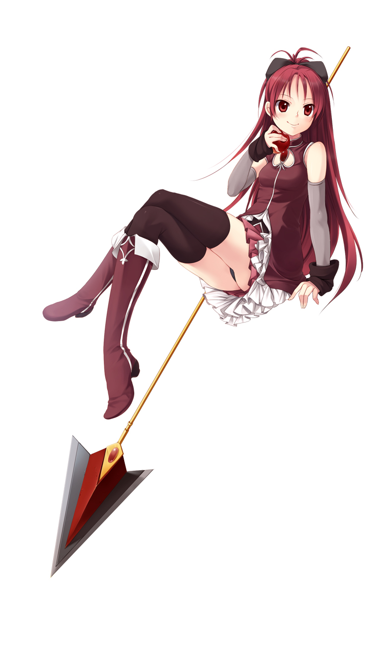 apple arm_support bad_id bad_pixiv_id bare_shoulders black_legwear boots crossed_arms crossed_legs detached_sleeves food fruit full_body highres itou_nanami long_hair magical_girl mahou_shoujo_madoka_magica panties polearm ponytail red_eyes red_hair sakura_kyouko simple_background sitting smile solo spear thighhighs underwear weapon