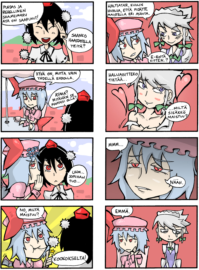 4koma :3 ayaya~ bat_wings black_hair blush bow braid closed_eyes comic cup fang finnish hair_bow hat heart izayoi_sakuya left-to-right_manga maid maid_headdress multiple_4koma multiple_girls open_mouth pom_pom_(clothes) purple_eyes red_eyes rejection remilia_scarlet setz shameimaru_aya short_hair silver_hair slit_pupils smile tasting teacup tears thumbs_up tokin_hat touhou translated twin_braids undressing whispering wings yuri