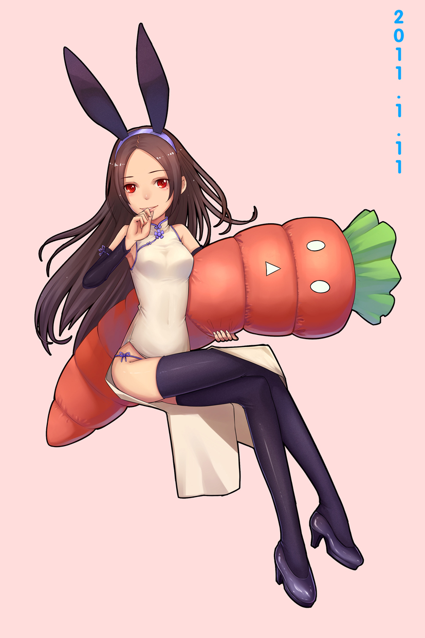 2011 animal_ears bare_shoulders black_legwear brown_hair bunny_ears carrot china_dress chinese_clothes detached_sleeves dress hand_to_own_mouth highres jun_(goodgun7) original red_eyes simple_background solo thighhighs