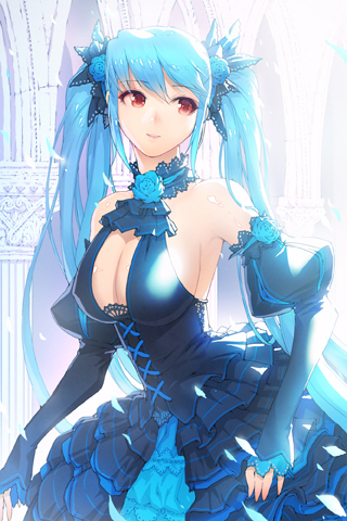 bare_shoulders blue_hair breasts choker cleavage detached_sleeves dress elbow_gloves gloves halterneck large_breasts lolita_fashion long_hair lowres luthica_preventer red_eyes smile solo sword_girls twintails very_long_hair