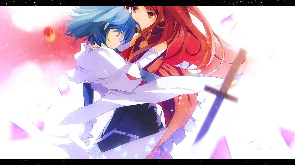 alternate_hairstyle blue_eyes blue_hair blurry cape depth_of_field detached_sleeves gloves hair_down hand_on_another's_face hinata_(hinata123) knife letterboxed long_hair magical_girl mahou_shoujo_madoka_magica miki_sayaka multiple_girls red_eyes red_hair sakura_kyouko short_hair soul_gem white_gloves