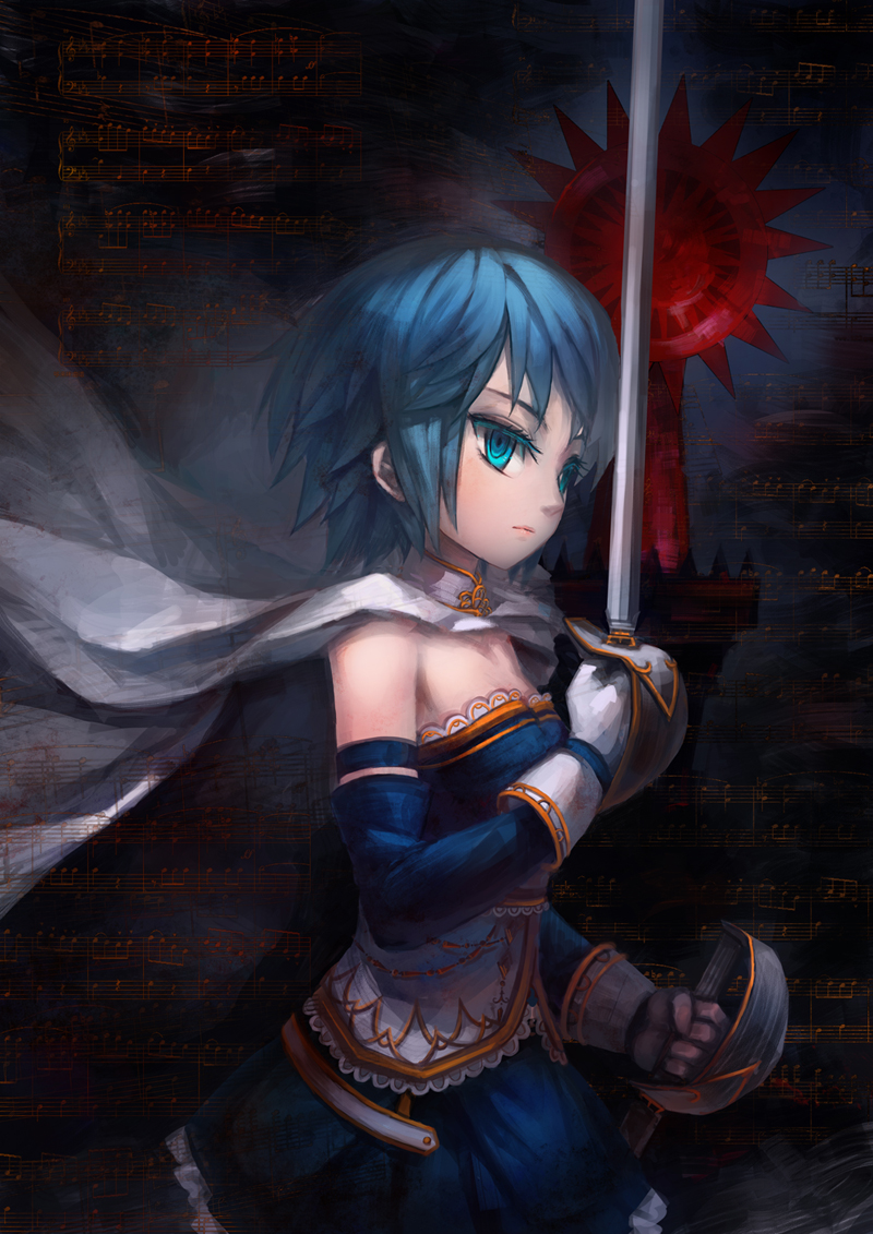 bad_id bad_pixiv_id bass_clef beamed_eighth_notes blue_eyes blue_hair cape dark detached_sleeves dual_wielding eassia elsa_maria_(madoka_magica) embellished_costume flat_sign gloves holding lips magical_girl mahou_shoujo_madoka_magica miki_sayaka musical_note quarter_note sheet_music short_hair sword treble_clef weapon white_gloves