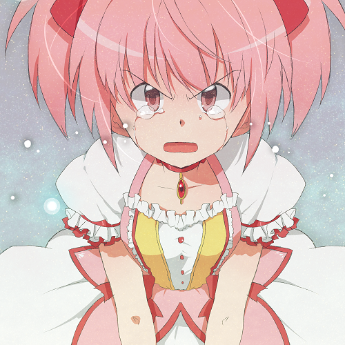 angry bad_id bad_pixiv_id choker frown jewelry kaname_madoka lowres magical_girl mahou_shoujo_madoka_magica open_mouth pendant pink_eyes pink_hair puffy_sleeves red_choker short_hair short_twintails solo sooya tears twintails