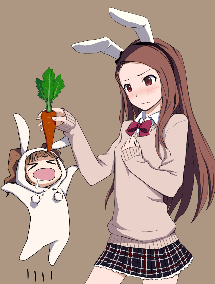 &gt;_&lt; animal_costume animal_ears brown_eyes brown_hair bunny_costume bunny_ears carrot chibi closed_eyes feeding fukimin idolmaster idolmaster_(classic) idolmaster_2 jumping long_hair minase_iori minigirl multiple_girls plaid plaid_skirt saliva skirt sweater takatsuki_yayoi