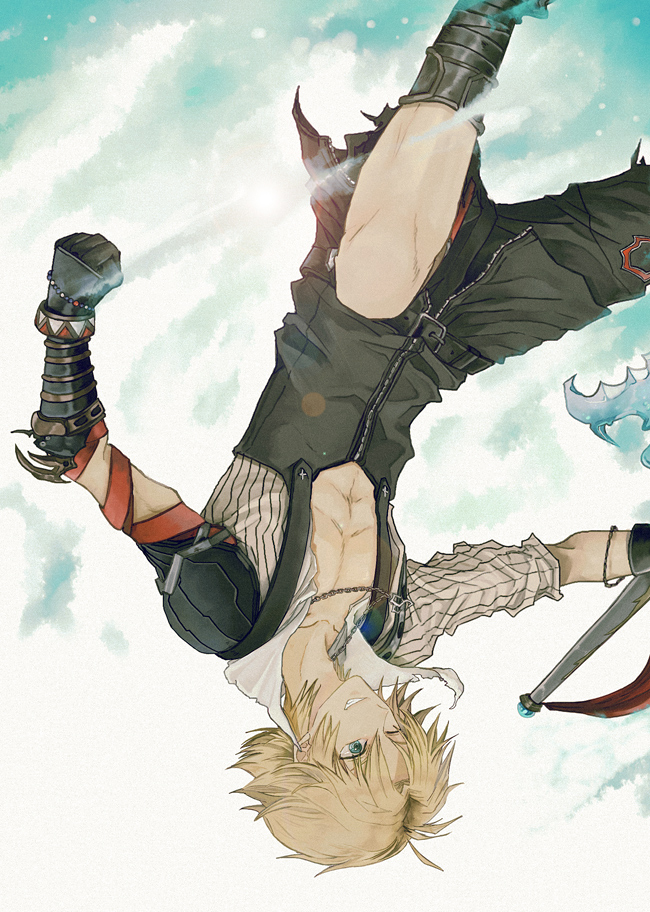 1boy blonde_hair blue_eyes final_fantasy final_fantasy_x jumping male male_focus necklace smile solo tidus upside-down wink