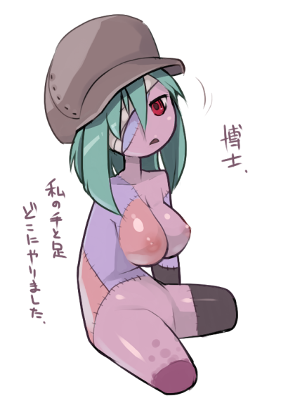 :&lt; amputee artist_request bandage bandages bangs breasts cabbie_hat green_hair hat large_breasts long_hair masha nipples nude open_mouth puffy_nipples quadruple_amputee red_eyes scar simple_background sitting stitches translated