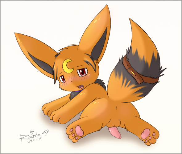 anus balls belt blush butt eevee feral lying male nintendo open_mouth pawpads paws penis plain_background pok&#233;mon pokemon pose presenting route9 solo spreading video_games