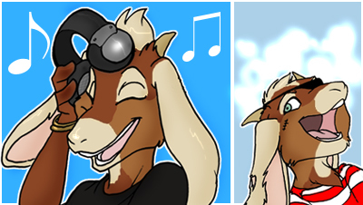 almalthia blue_eyes eye_patch eyes_closed female goat headphones holly_massey horns pirate portrait shirt smile ♪ ♫