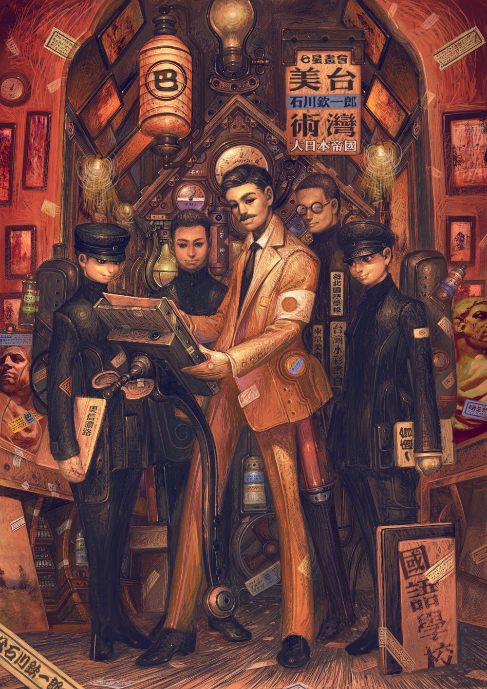armband bad_id bad_pixiv_id black_hair copyright_request facial_hair formal glasses gloves hat highres japanese_flag kcn lantern light_bulb looking_at_viewer multiple_boys mustache necktie painting_(object) paper_lantern peaked_cap school_uniform shako_cap steampunk suit