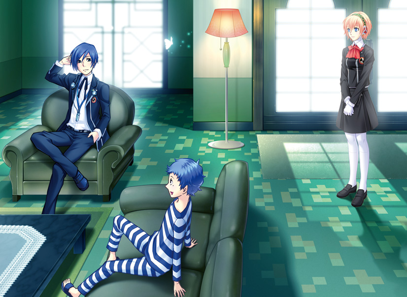 2boys aegis_(persona) android blonde_hair blue_eyes blue_hair bow bug butterfly chair child couch digital_media_player easy_chair headphones insect koremi2 multiple_boys persona persona_3 pharos ribbon school_uniform short_hair smile yuuki_makoto