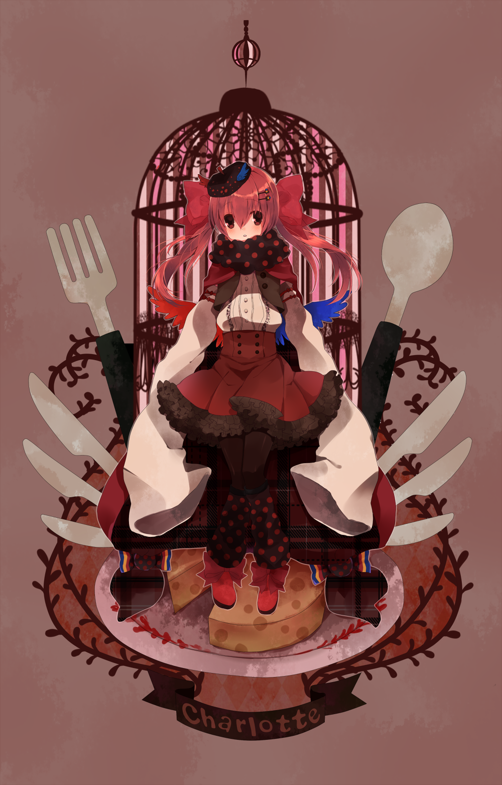 beret bow charlotte_(madoka_magica) cheese food fork grief_seed hair_bow hair_ornament hairclip hat highres knife leg_warmers mahou_shoujo_madoka_magica pantyhose personification pink_eyes pink_hair shio_jake sleeves_past_wrists solo spoon twintails