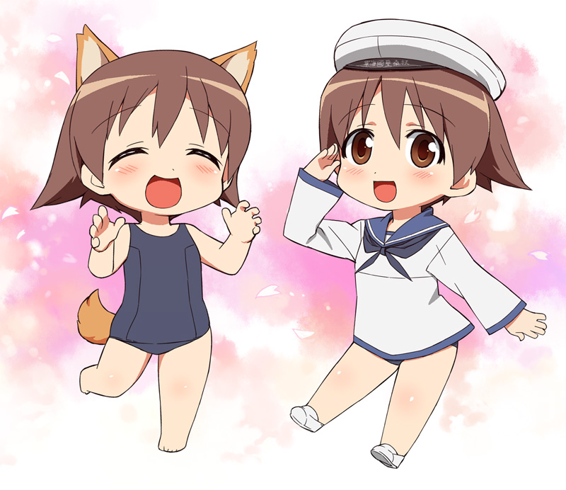 animal_ears bad_id bad_pixiv_id blush brown_eyes brown_hair chibi closed_eyes dog_ears dog_tail dual_persona hat miyafuji_yoshika no_pants one-piece_swimsuit open_mouth sailor school_swimsuit short_hair strike_witches swimsuit swimsuit_under_clothes tail tonbi uniform world_witches_series